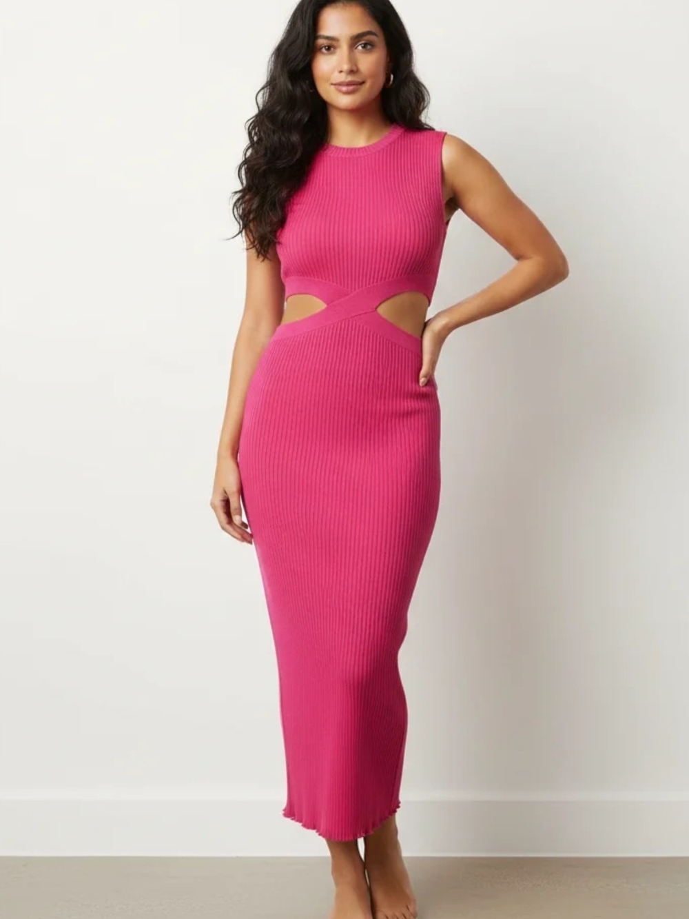 Zara Hot Pink Ribbed Maxi Dress with Waist Cutouts